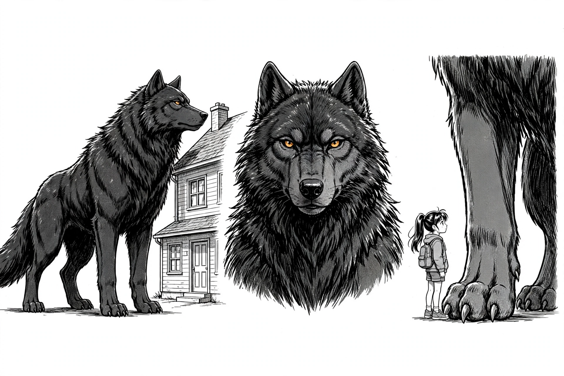 Character model sheet showing Atlas beside a two-story house and Maya