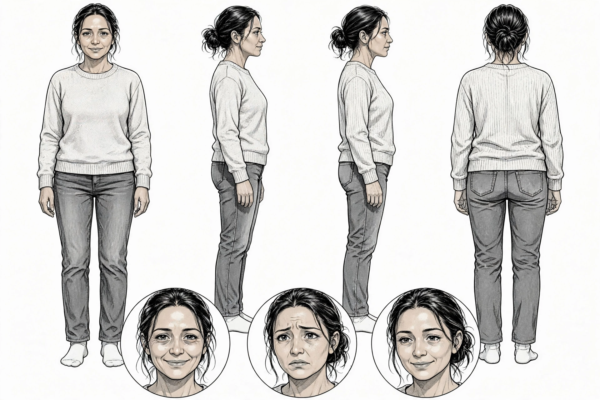Character model sheet showing Elena in hospital scrubs and casual clothes