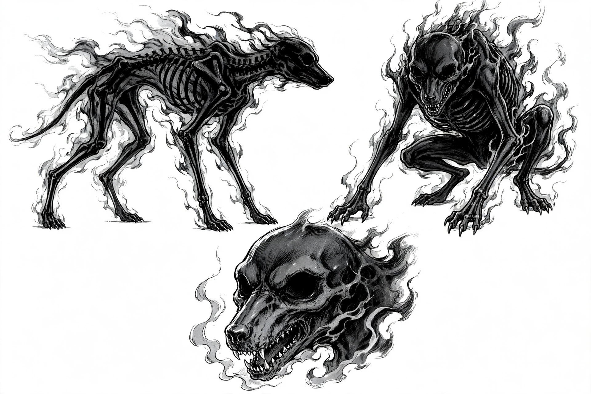 Character model sheet of a Hollow, a thin doglike shadow with long limbs and empty white eyes