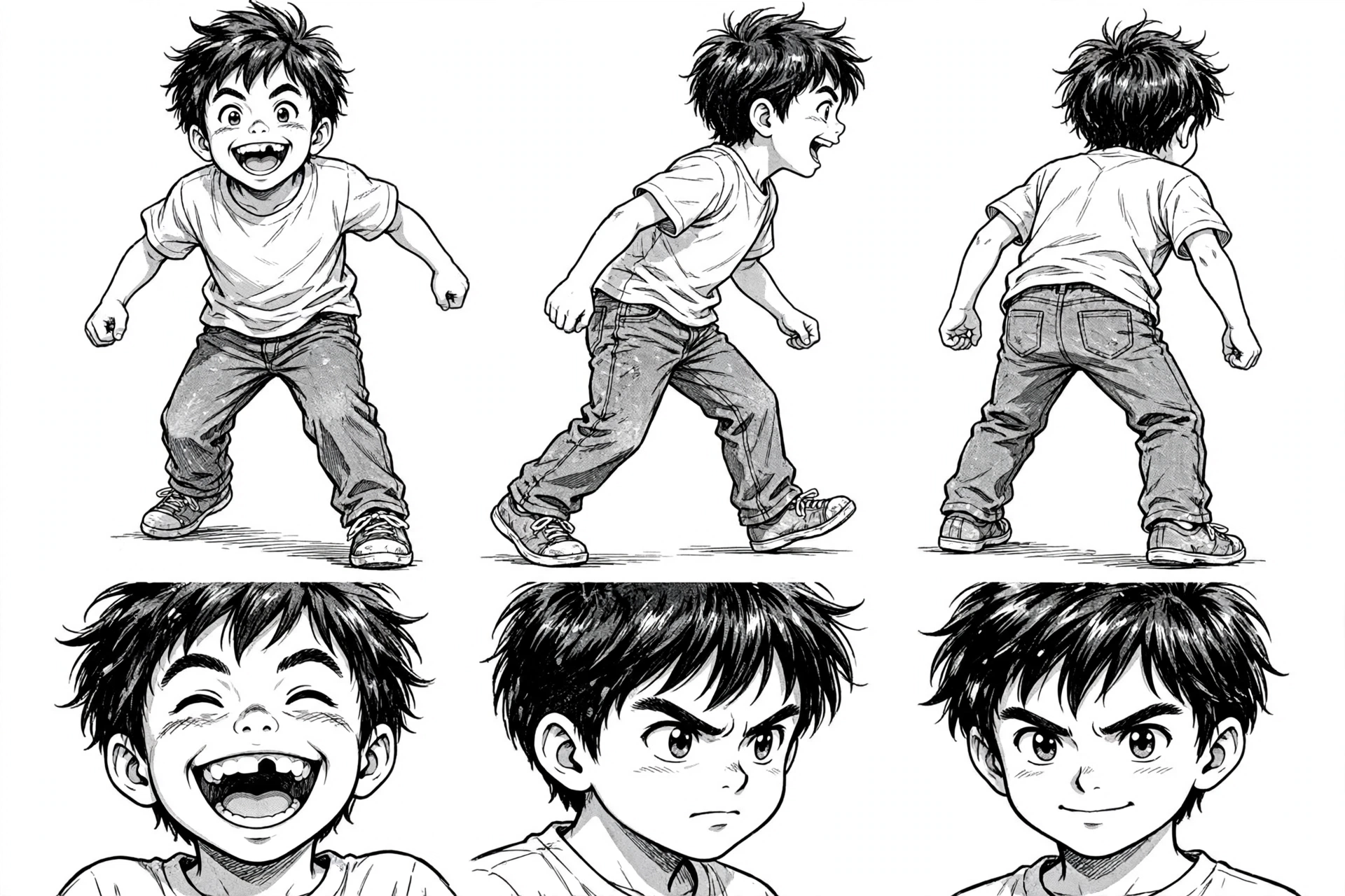 Character model sheet showing Leo with messy dark hair, a wide grin, T-shirt, jeans, and scuffed sneakers