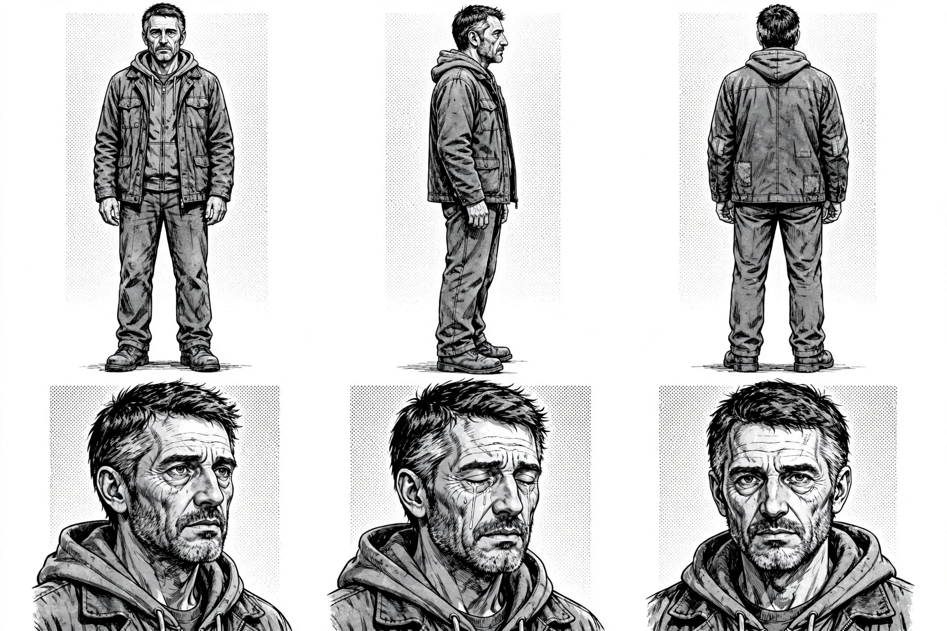 Character model sheet showing Marcus Bell with greying stubble, a worn jacket, and a faded hoodie