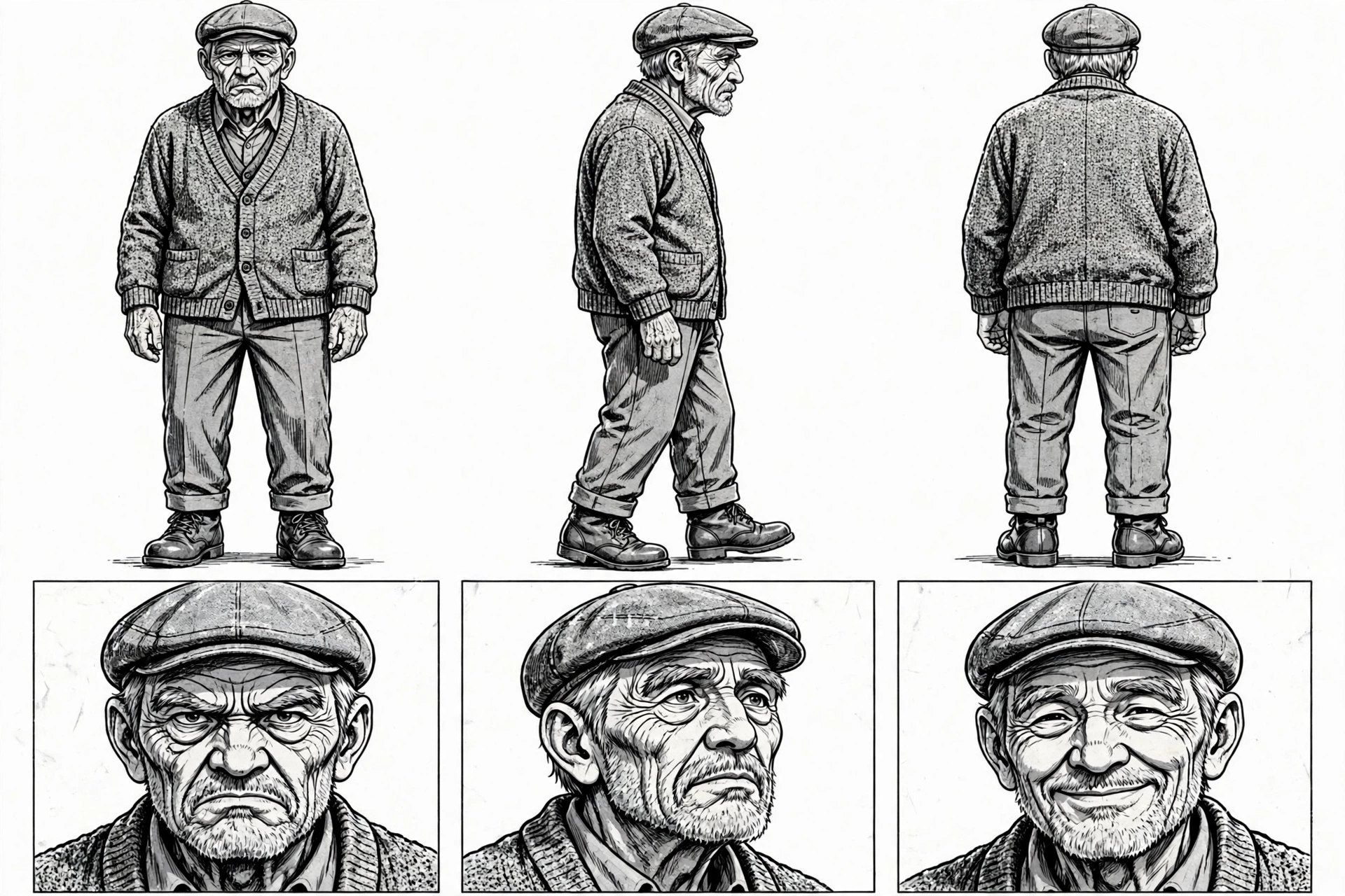 Character model sheet showing Tomás with grey stubble, a weathered face, a cardigan, and an old cap