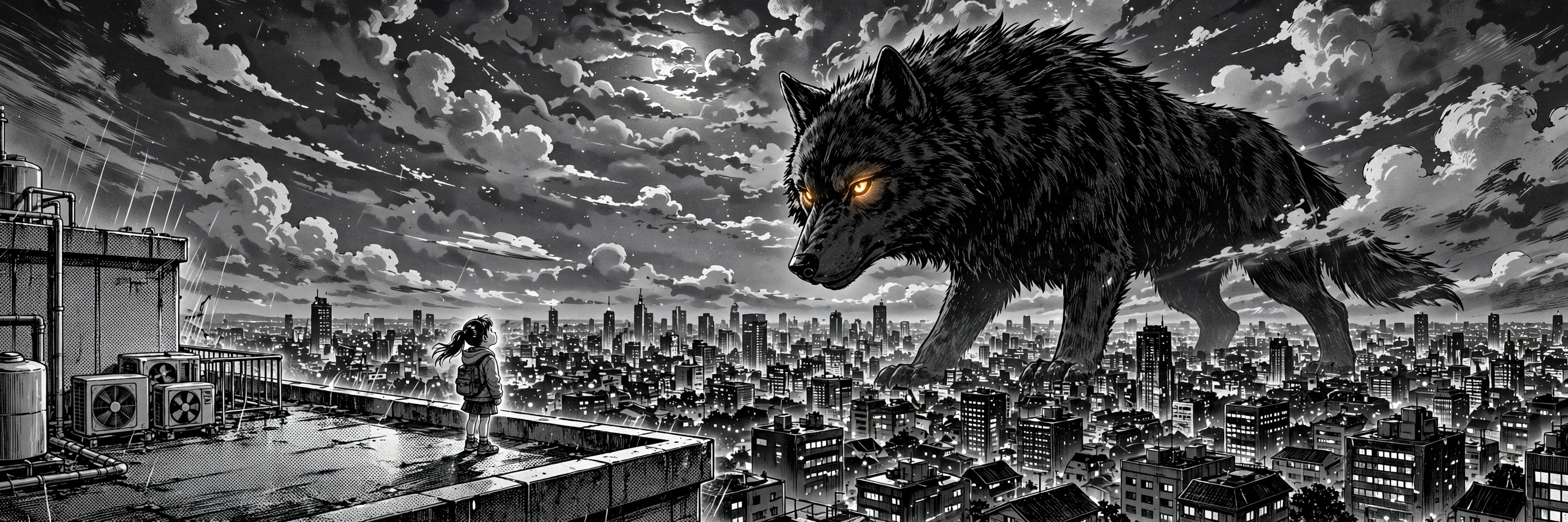 Maya faces Atlas, a gigantic black wolf with amber eyes, above a sprawling night city