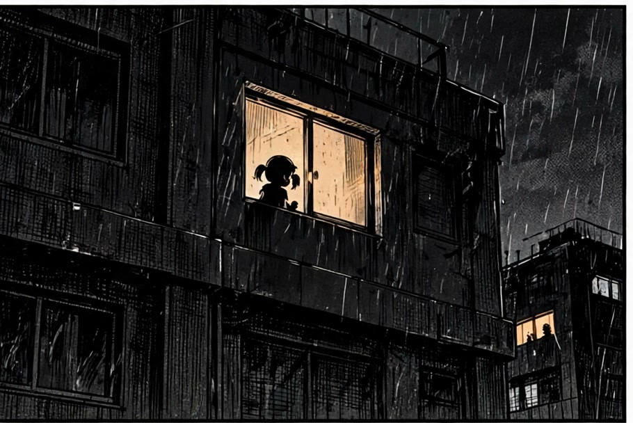 Maya watches Atlas from a lit window