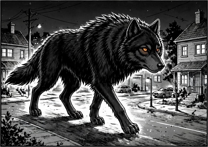 Atlas crosses Maya's street at night