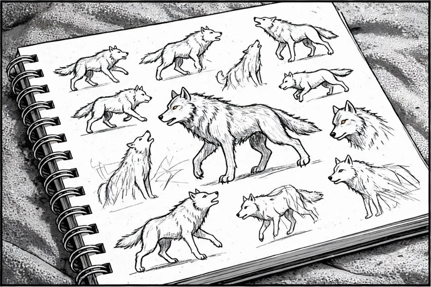 Maya fills her notebook with drawings of the giant wolf