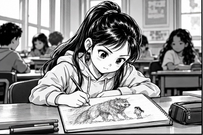 Maya draws Atlas in her notebook during class