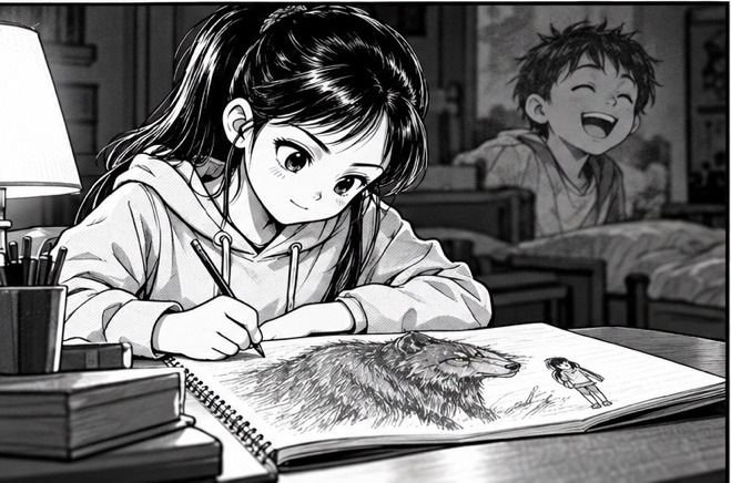 Maya writes in her notebook at her desk at night