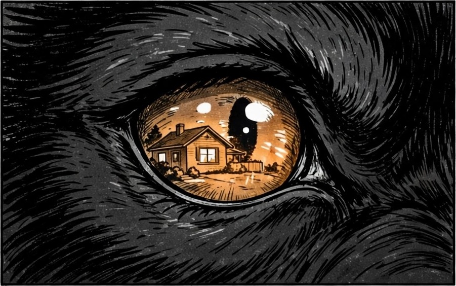 Maya's house is reflected in Atlas's amber eye
